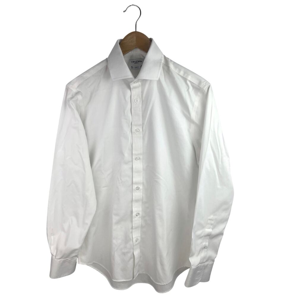 T.M. Lewin Men's White Slim Fit Cotton Long Sleeve Button Down Shirt Top 34 1/2